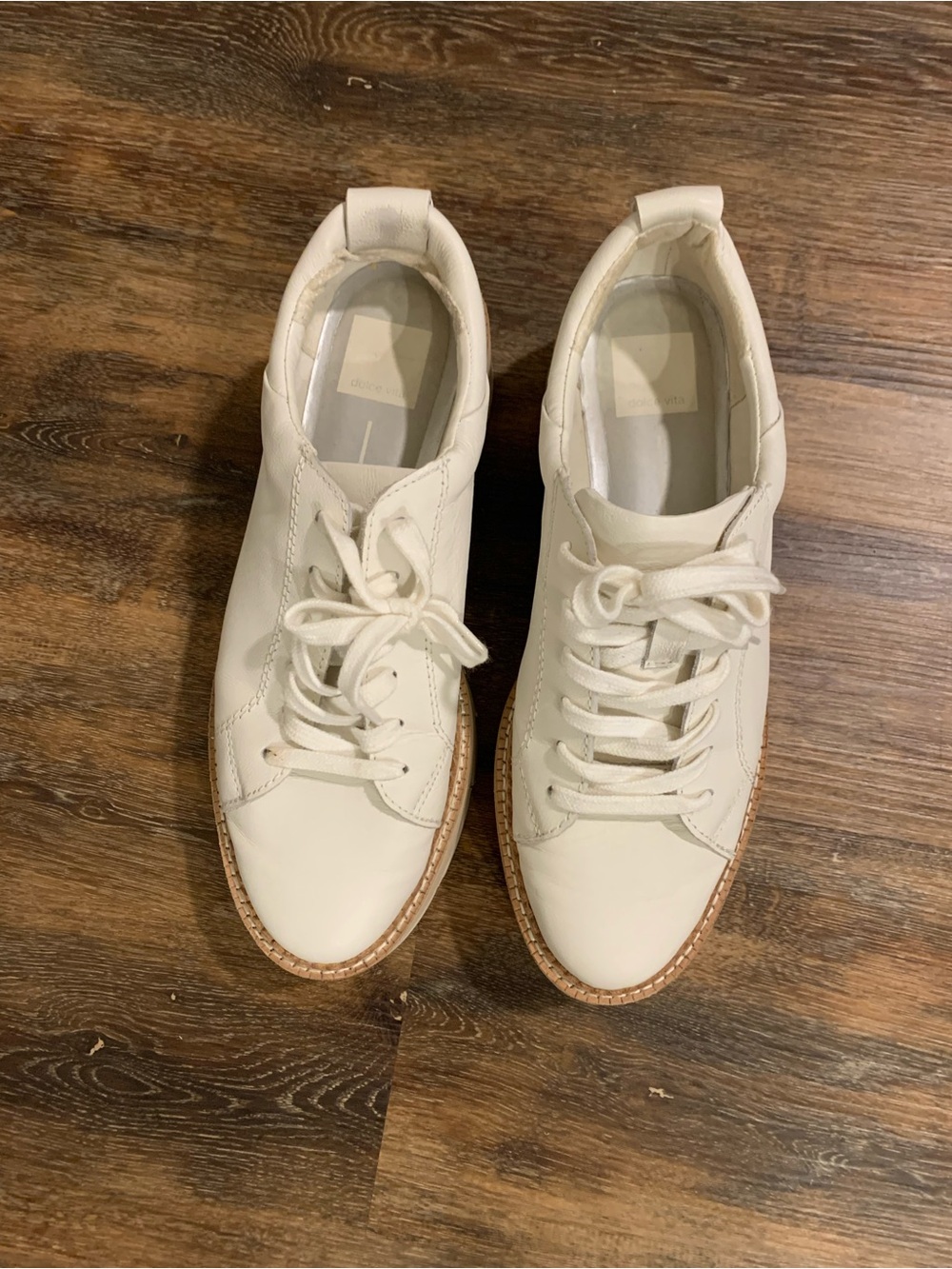 Dolce Vita Cream Leather Lace-Up Sneakers with Tan Welt